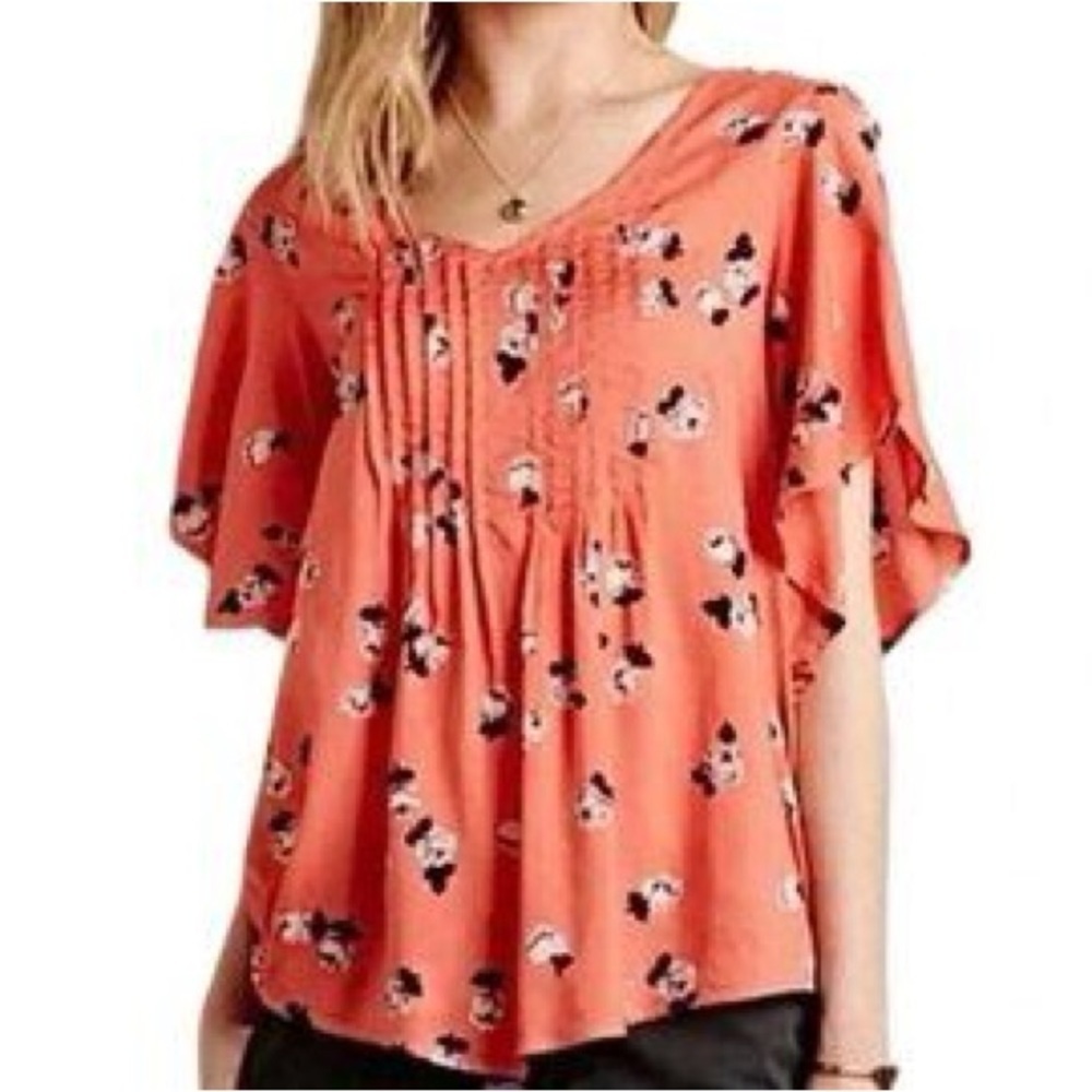 Anthropologie Maeve Maya romantic Blouse Floral Pintuck Flutter  spring Top